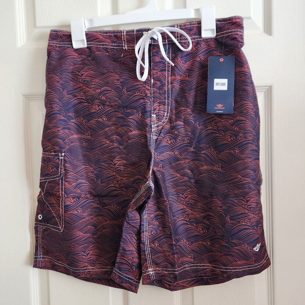 Dockers Swim E-Board Short Swim Trunks sz LARGE Classic Fit 9" Inseam Blue/Orang